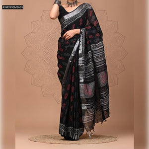TRENDBUY Premium Linen Digital Printed Saree with Silver Zari Weaving Border