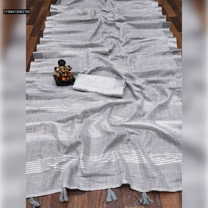 TRENDBUY Premium Linen Saree with All-Over Jari Weaving & Tassels Finish