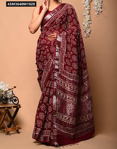 TRENDBUY Premium Linen Saree with Digital Prints & Silver Zari Border