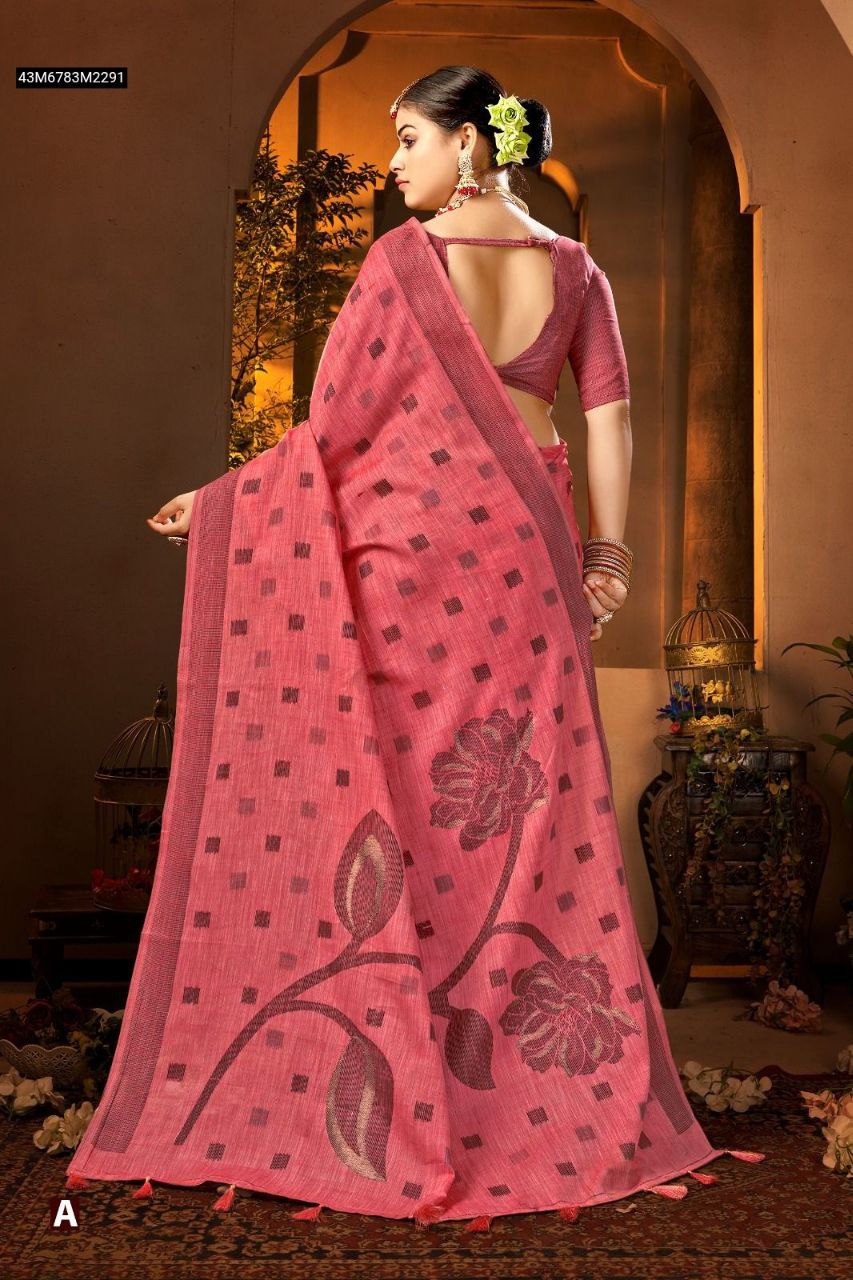 Back view of TRENDBUY Pink Linen Saree, showcasing Jacquard floral pallu and square weaving buttis.