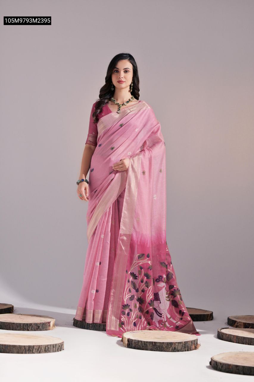 TRENDBUY Pink Muga Cotton Saree with Pichwai art pallu and zari border, worn by a model in a full studio shot.