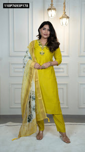 TRENDBUY Premium Parrot Green Roman Silk Handwork Kurta Set with Dupatta