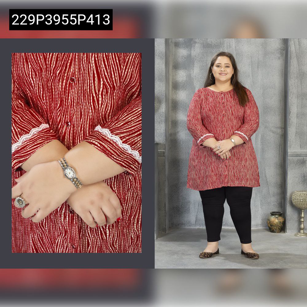 TRENDBUY plus size red wavy stripe embroidered Chanderi tunic top with white lace trim, model full shot