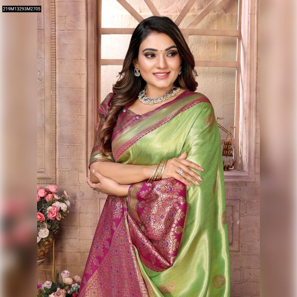 TRENDBUY model showcasing a vibrant lime green Banarasi Tissue Silk Saree with a rich magenta contrast border and intricate weaving.