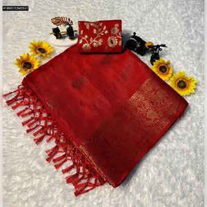 Exclusive Crimson Red Viscose Silk Saree with Gold Kanchi Border for Weddings