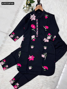 TRENDBUY Premium Roman Silk Embroidered Kurti with Mirror Work & Pants Set
