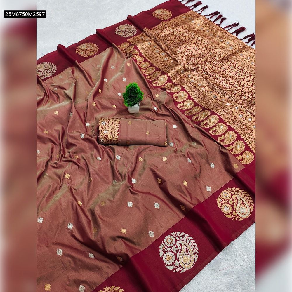 TRENDBUY Maroon Soft Silk Saree with Gold Banarasi Zari Weave and Floral Paisley Pallu Design