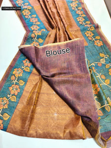 TRENDBUY Premium Tissue Tussar Silk Saree with Traditional Floral Print & Contrast Border