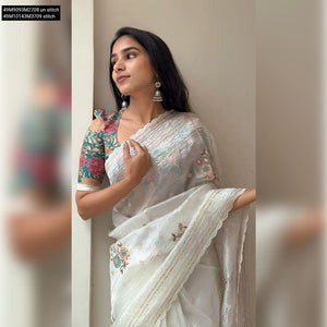 TRENDBUY Premium White Crush Organza Saree with Floral Sequin Weave & Kalamkari Blouse