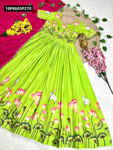 TRENDBUY Pulmy Silk Floral & Animal Print Gown with Chinon Dupatta