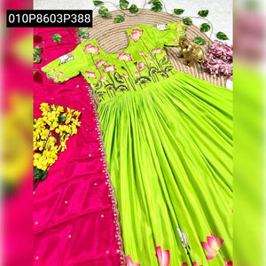 TRENDBUY Pulmy Silk Floral Gown with Maggam Work & Chinon Dupatta