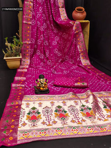 TRENDBUY Pure Bandhej Silk Saree with Patola Border & Zari Paithani Pallu
