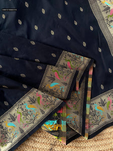 TRENDBUY Pure Black Soft Silk Banarasi Saree with Paithani Weaving & Peacock Pallu