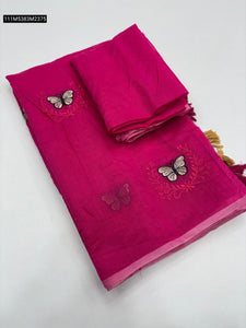 TRENDBUY Pure Chanderi Silk Saree with Elegant Butterfly Embroidery & Tassels