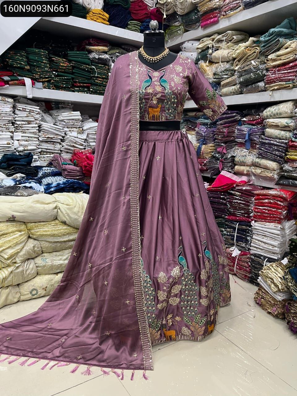 TRENDBUY Pure Chinon fully stitched lehenga in dusty purple with heavy peacock and deer sequence embroidery work.