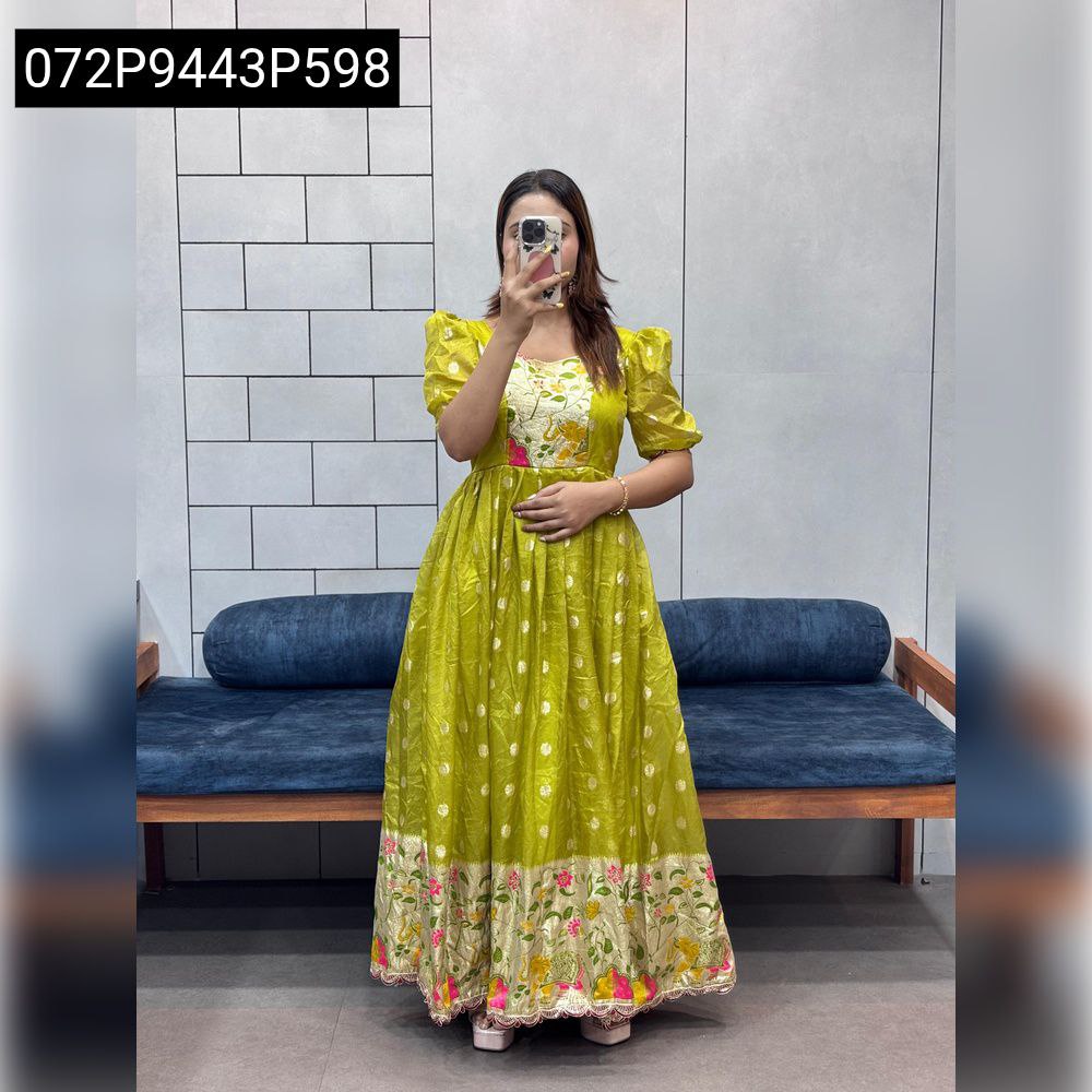 Full shot of model wearing TRENDBUY lime green pure cosmos jacquard kurti with gold polka dots and embroidered animal print daman.