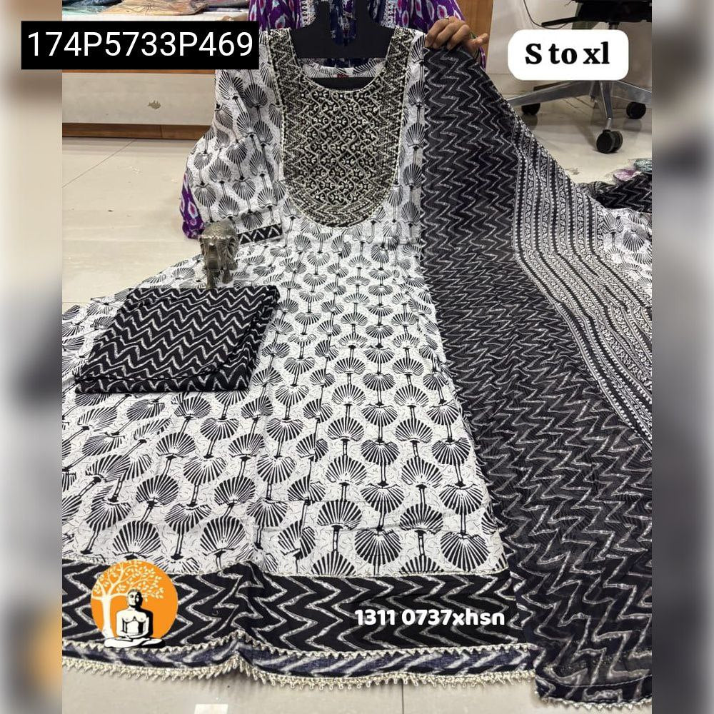 TRENDBUY Black & White Geometric Anarkali Kurti Set with embroidered yoke and zigzag dupatta, full flat lay view.