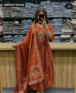 TRENDBUY Pure Cotton Embroidered Anarkali Kurta Set with Mulmul Dupatta