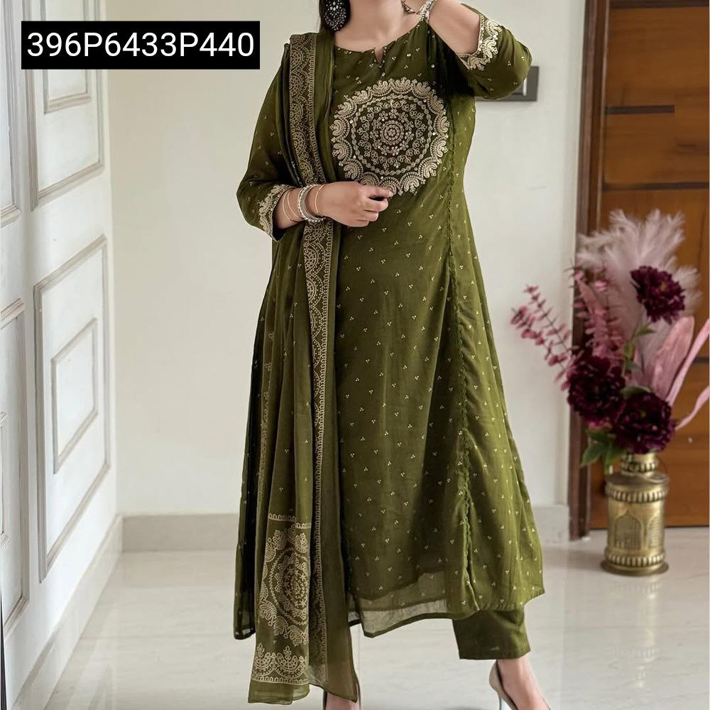 TRENDBUY women's green pure cotton embroidered kurta set with mulmul dupatta, modeled full body.