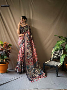 TRENDBUY Pure Cotton Kalamkari Print Saree with Contrast Pallu & Tassels