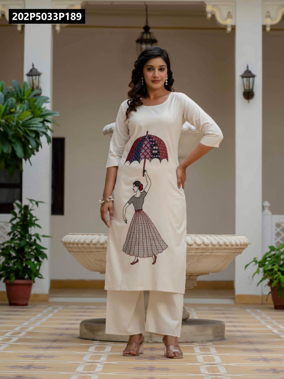 TRENDBUY Off-White Pure Khadi Cotton Suit Set with multi-thread embroidered girl & umbrella motif, full-body model shot