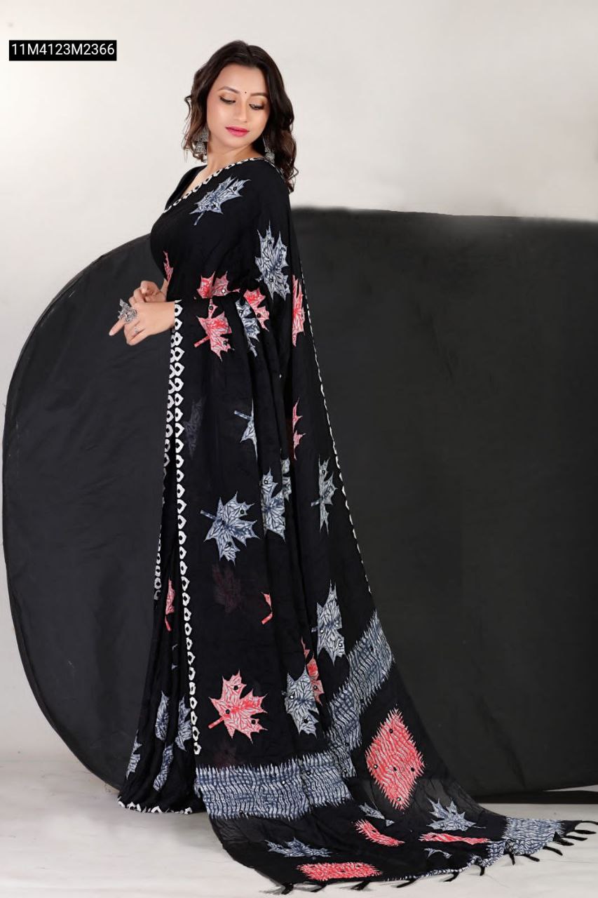 Model wearing TRENDBUY Black Pure Moss Leaf Shibori Saree, highlighting the intricate print, mirror detailing, and flow of the fabric with jumka pallu.