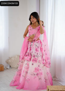 TRENDBUY Pure Organza Silk Digital Floral Printed Lehenga Choli Set with Batwa
