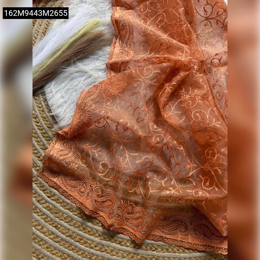 Close-up of the Peach Organza Silk Saree pallu, detailed with paisley and floral viscos thread embroidery and diamond work.
