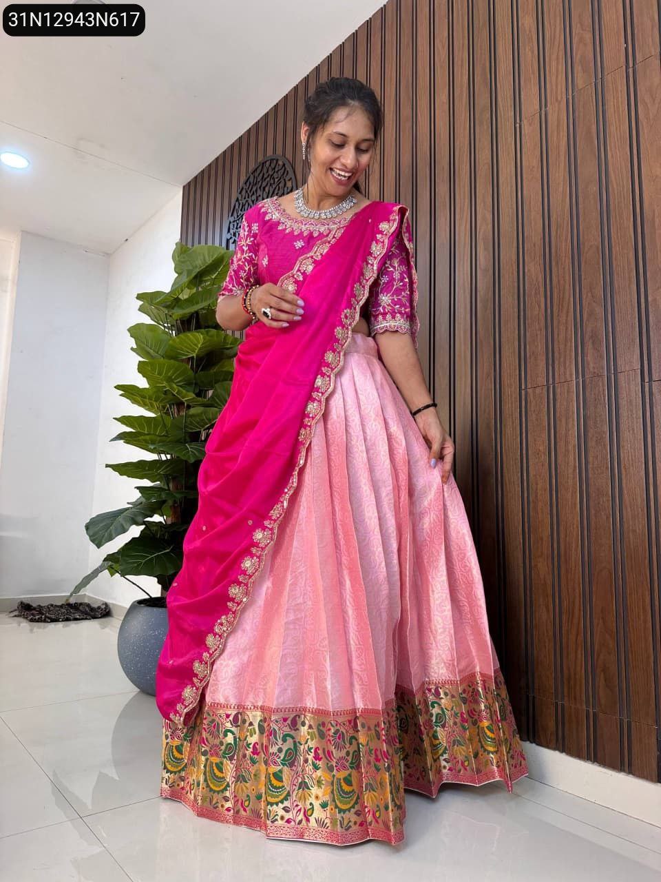 TRENDBUY Fuchsia Pink Half Saree Lehenga with Zari Paithani Border, model smiling, showcasing full outfit