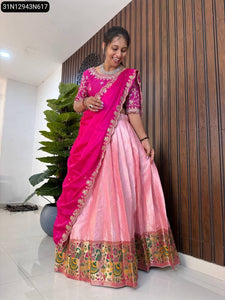 TRENDBUY Pure Silk Half Saree Lehenga with Zari Paithani Border & Embroidered Voni