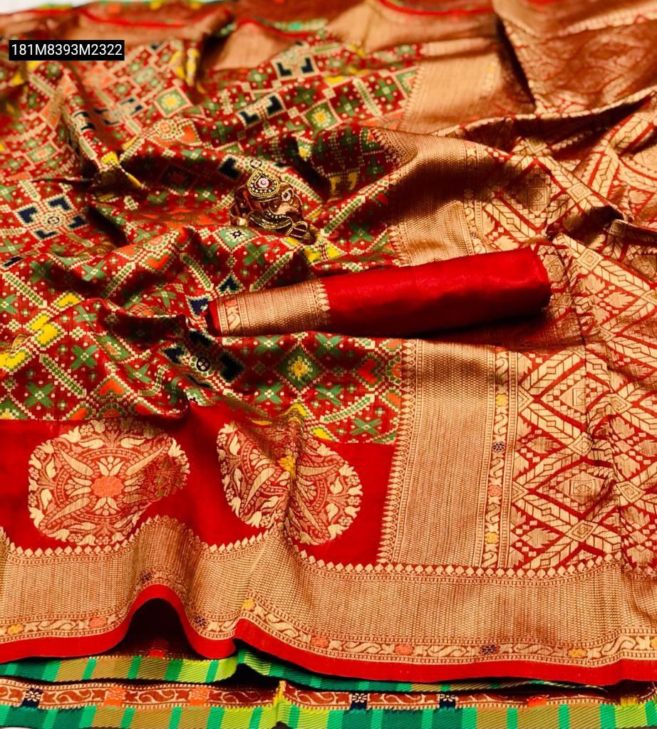 TRENDBUY Pure Soft Banarasi Patola Silk Saree in Red with intricate geometric and floral zari weaving, rich pallu detail, and matching blouse.