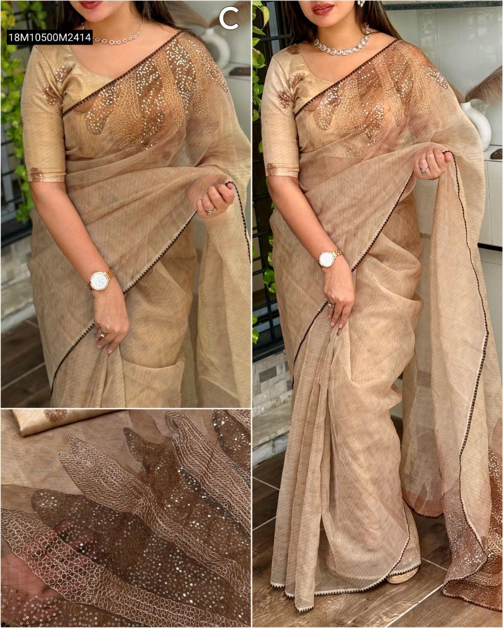 Full model shot of a woman gracefully posing in the TRENDBUY Brown-Gold Pure Tissue Organza Saree, displaying the digital print, pitta, and sequin work on the border, pallu, and blouse. Inset close-up of fabric and embellishments.