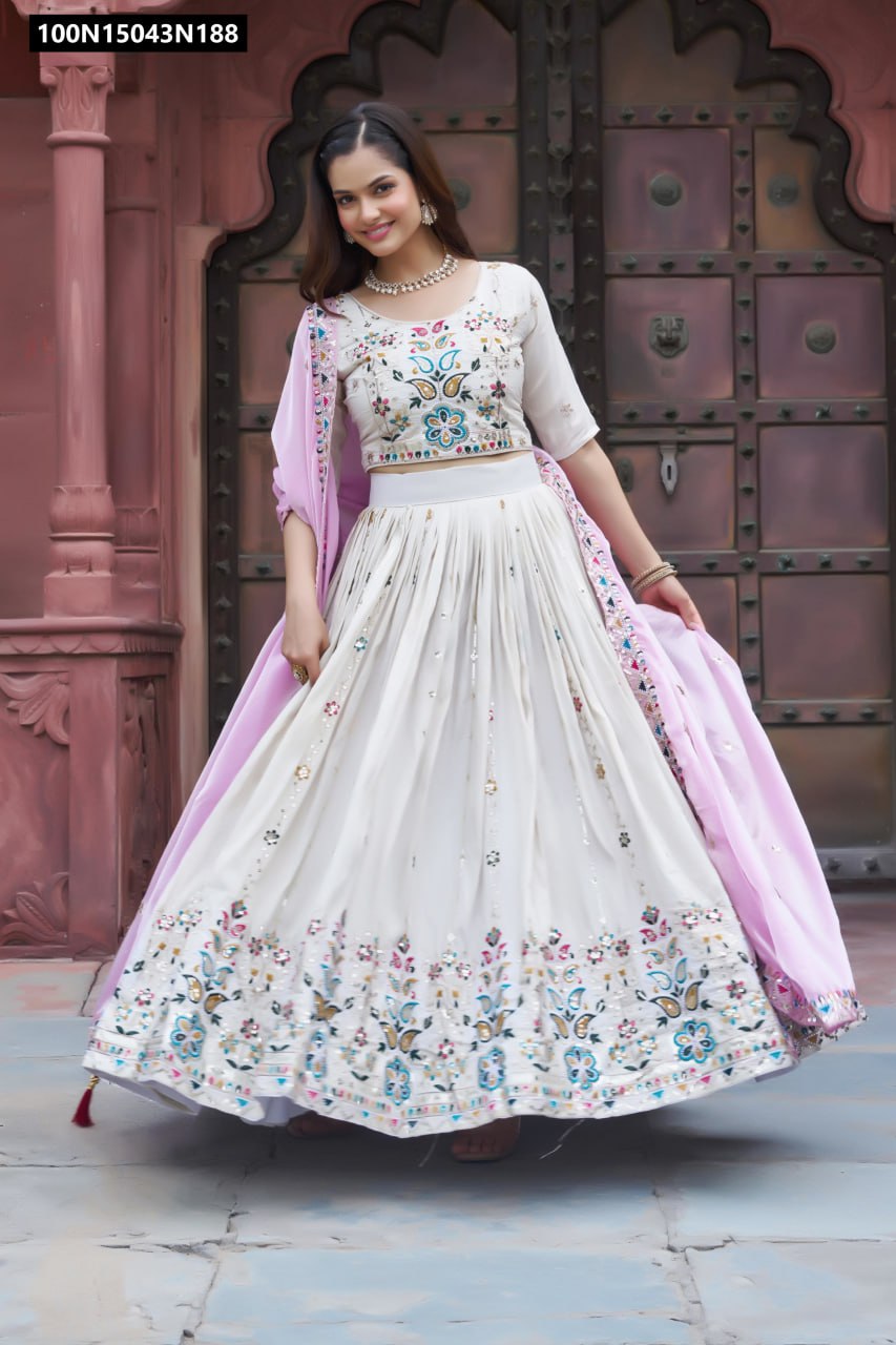 Model twirling in a TRENDBUY off-white Pure Tissue Silk lehenga choli with a flowing lavender Fendy dupatta, showcasing the skirt's flair and embroidery detail.