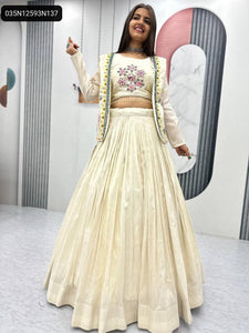 TRENDBUY Pure Tissue Simmer Lehenga Choli with Embroidered Jacket & Diamond Work
