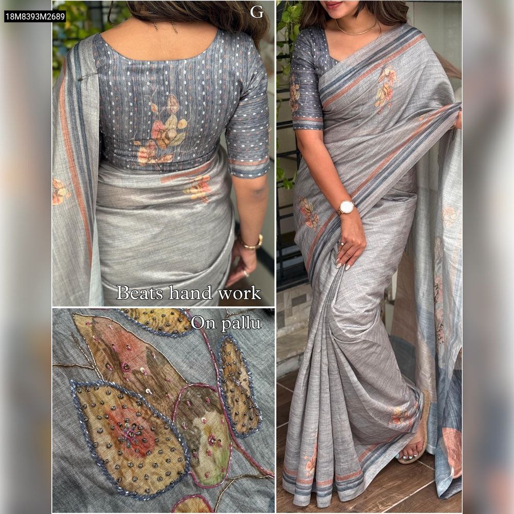 Full model shot of a woman wearing a sophisticated grey TRENDBUY pure Tusser cotton saree, highlighting its digital print, beats handwork on the pallu, and a coordinating blouse, with an inset of the blouse back and pallu detail.