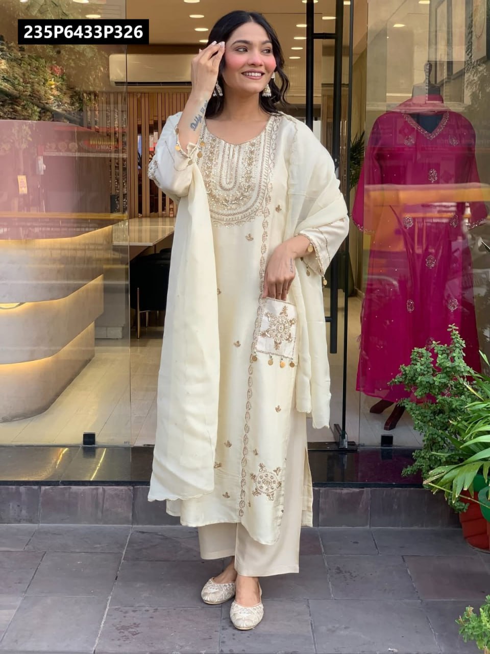 TRENDBUY model in off-white pure Vichitra Art Silk kurti set with gold sequence embroidery, smiling gracefully.