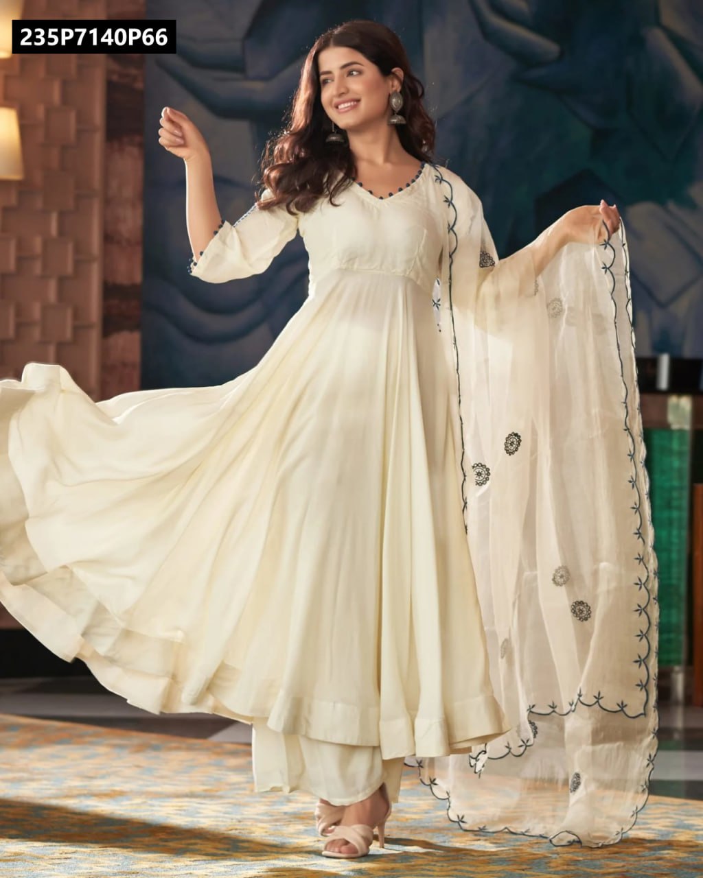 TRENDBUY model in off-white pure Vichitra silk Anarkali kurti set with blue sequence embroidery and matching dupatta, smiling