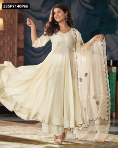TRENDBUY Pure Vichitra Silk Anarkali Kurti Set with Sequence Embroidery & Dupatta