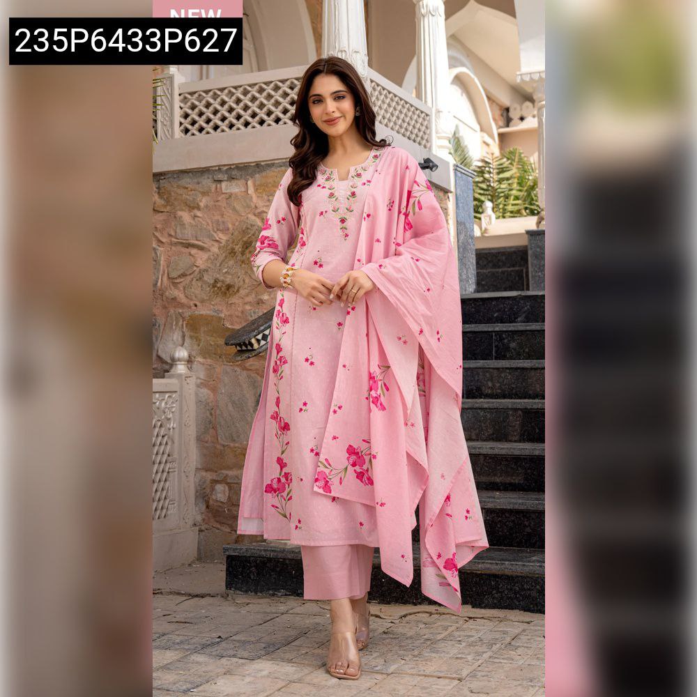 Woman posing confidently in a pink TRENDBUY Pure Viscose Chanderi Jacquard Butti Kurta Set with dupatta.