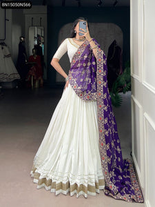 TRENDBUY Pure White Rayon Lehenga Choli with Purple Sequins Embroidered Dupatta