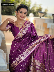 TRENDBUY Purple Banarasi Silk Saree with Zari Weaving & Meenakari Border for Festive Occasions