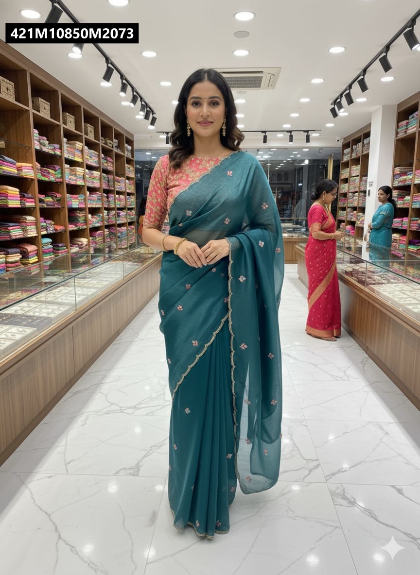Model presenting a TRENDBUY Teal Chiffon Saree adorned with handwork motifs, complemented by a pink embroidered blouse.
