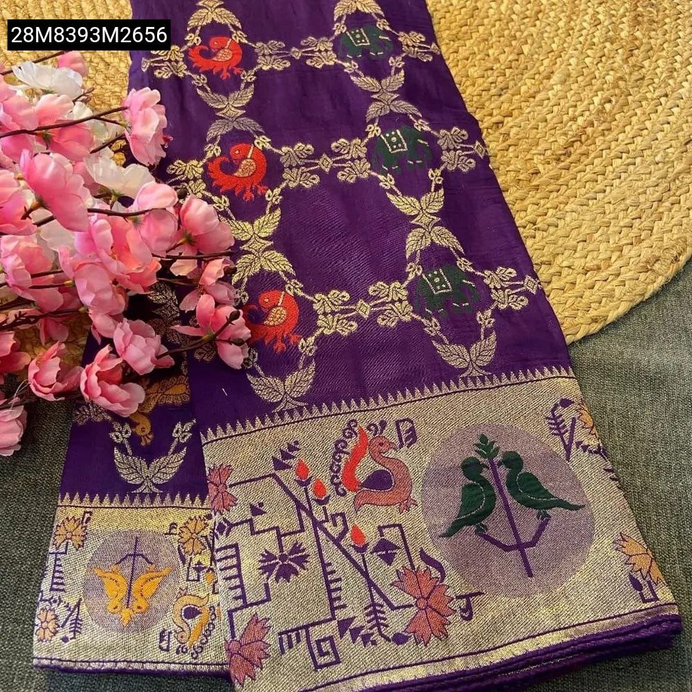 TRENDBUY elegant purple Russian silk saree with intricate gold jari weaving and colorful Paithani meenakari bird motifs on border, displayed with pink flowers.