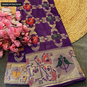 TRENDBUY Purple Russian Silk Paithani Saree with Jari Weaving & Meenakari Motifs