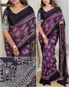 TRENDBUY Purple Shaded Georgette Saree with Zari Weaving & Embroidered Mono Banglori Blouse