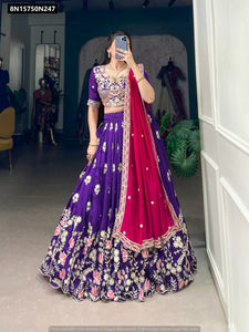 TRENDBUY Purple Vichitra Silk Embroidered Lehenga Choli Set with Pink Dupatta