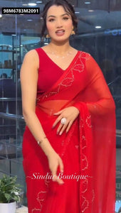 TRENDBUY Radiant Red Blooming Georgette Saree with Exquisite Katdana Handwork