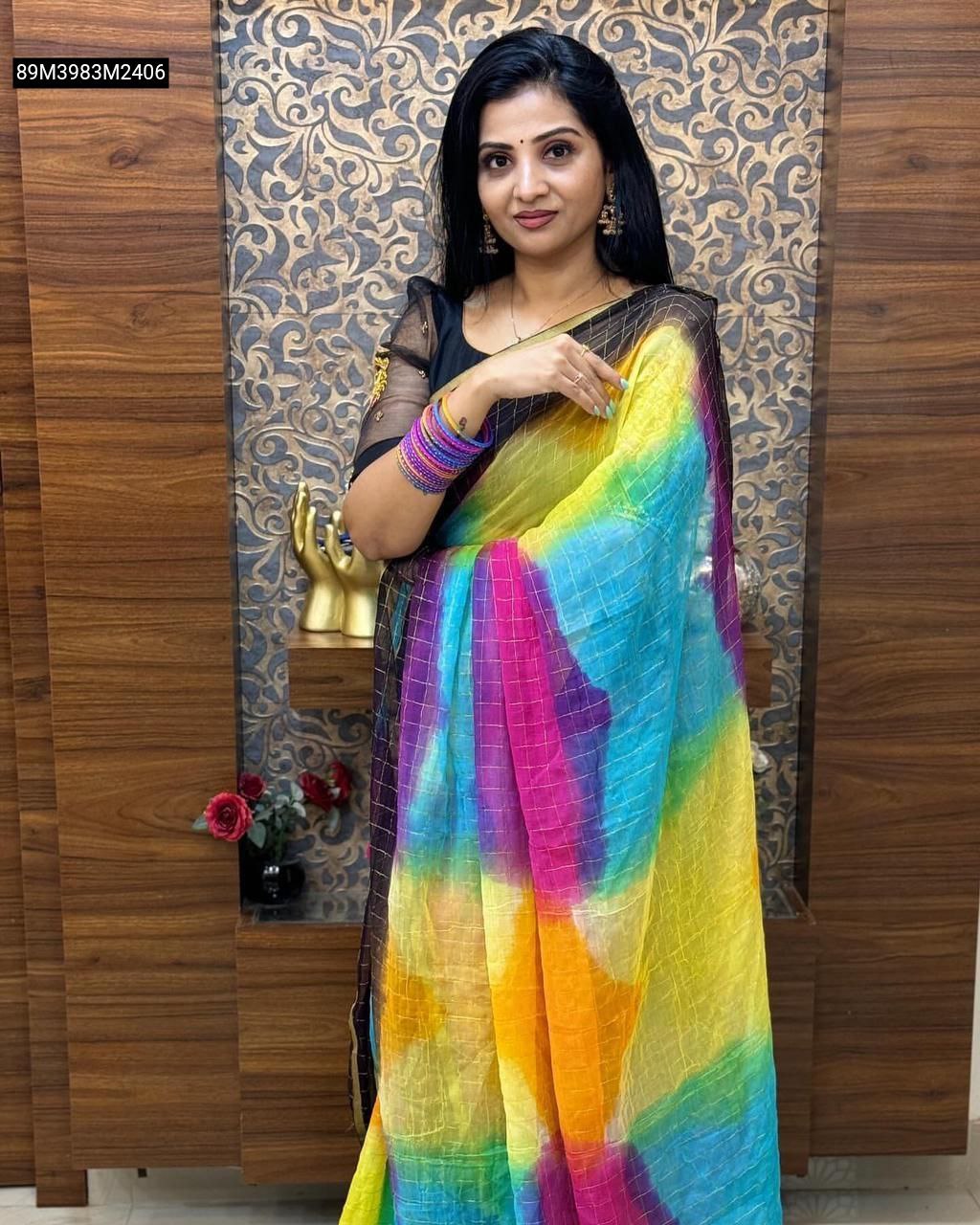 Full-length shot of a woman modeling TRENDBUY Rainbow Chiffon Saree with Zari checks and contrast black Art Silk blouse, standing against a patterned wall.