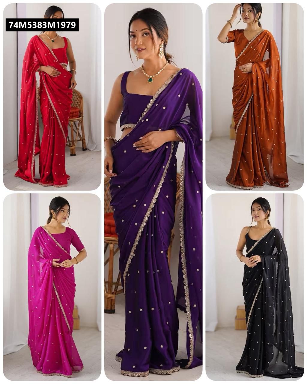 Collage of five different colored Rangoli silk sarees (red, purple, rust, pink, black) with butti embroidery and sequence work, displayed on models.