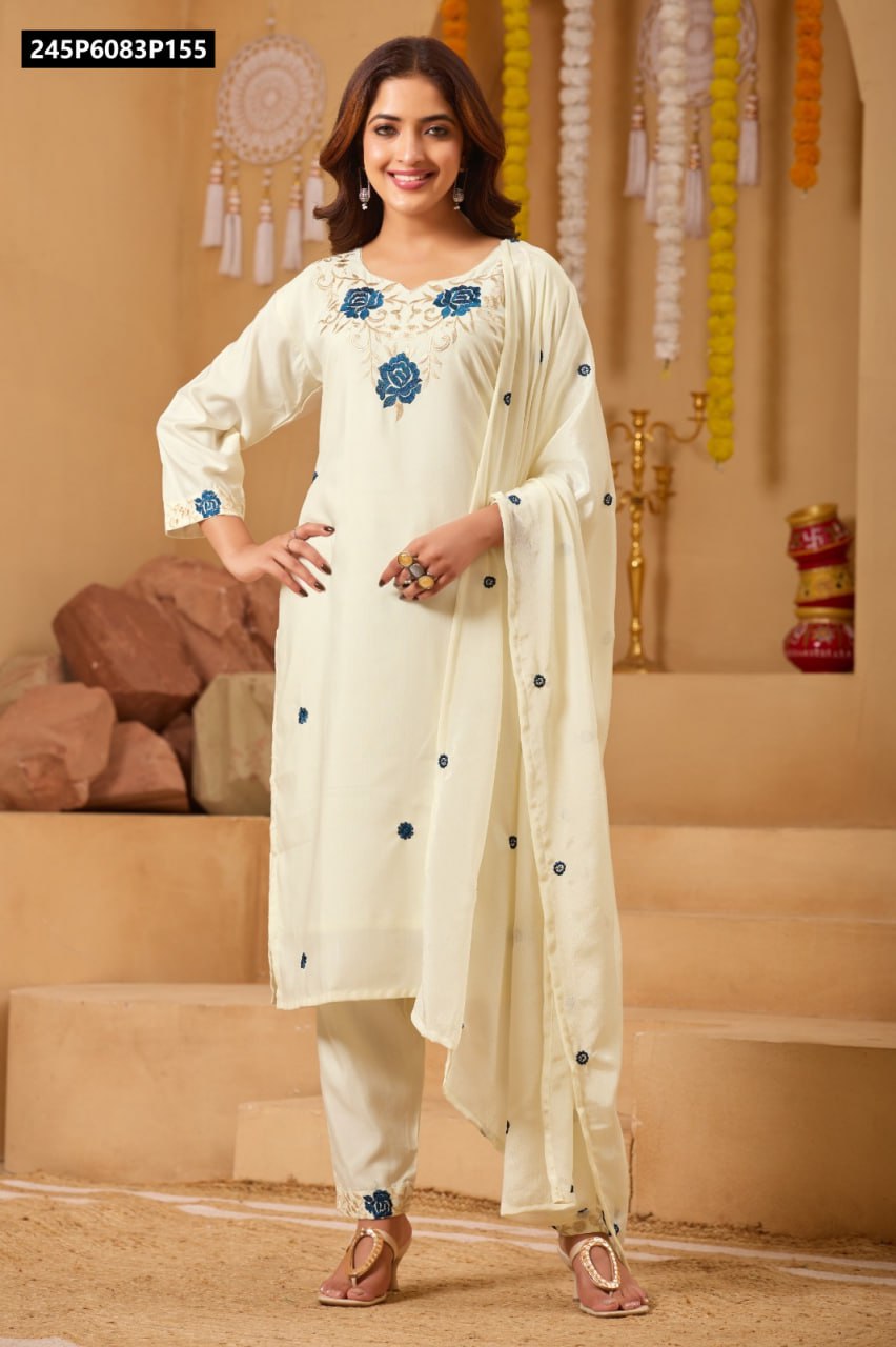 Model posing confidently in a front view, wearing an off-white rayon embroidered kurta set with blue floral motifs and matching dupatta, standing on steps with traditional decor.